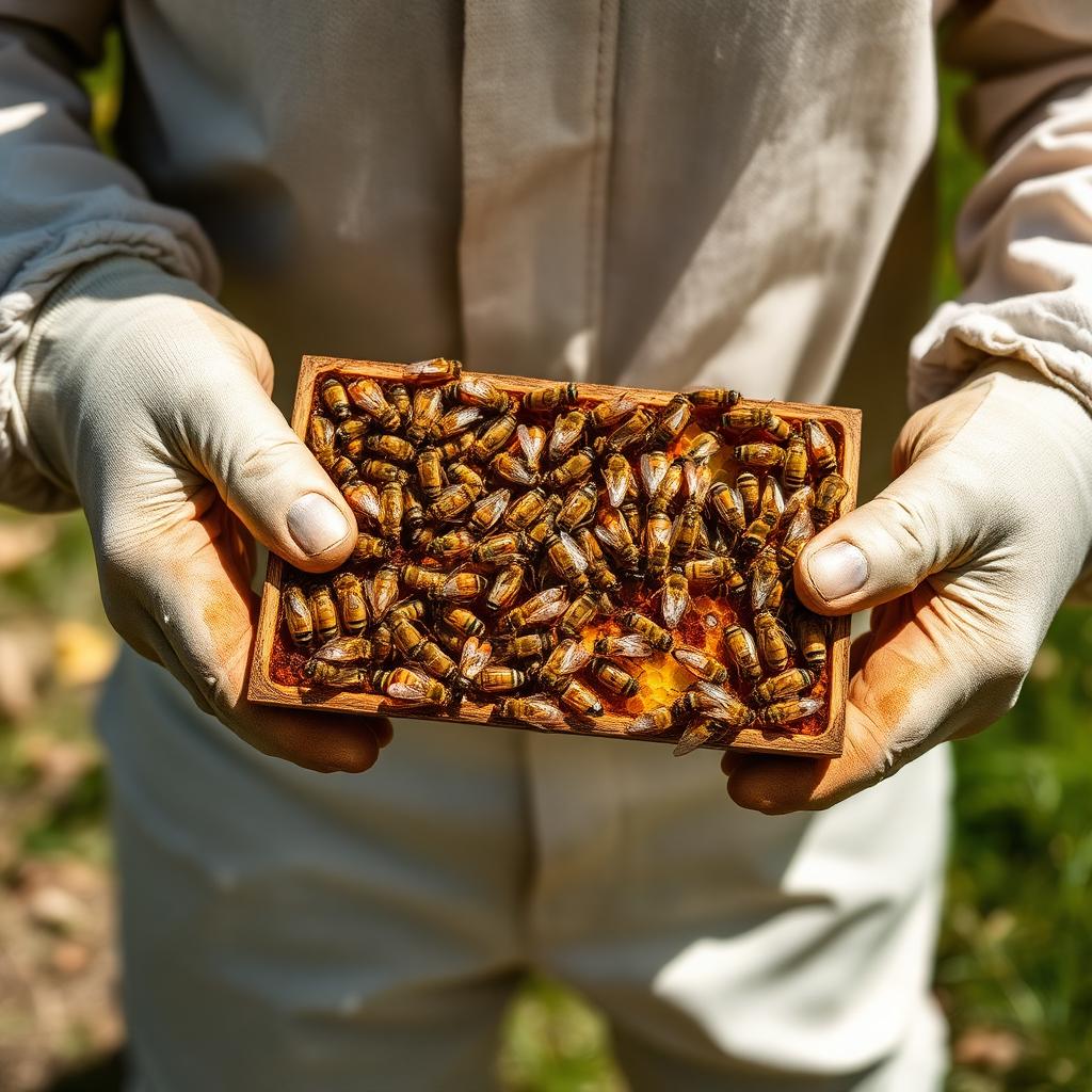 Pszczelarz trzymający ramkę z pszczołami