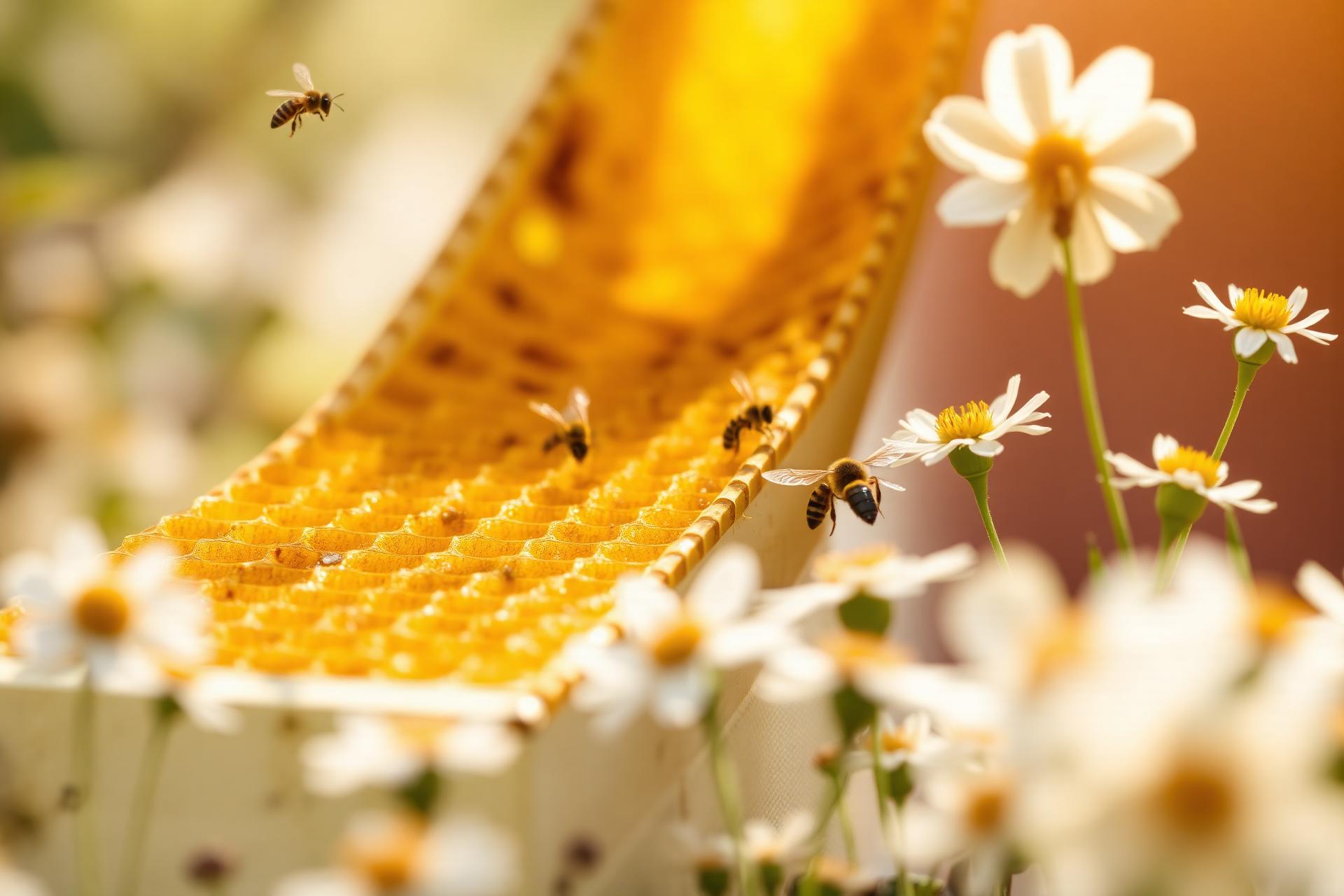 Pszczoły na plastrze miodu wśród wiosennych kwiatów